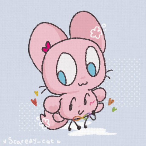 Cat plush with the infinity symbol as a bowtie and some rainbow hearts around her. There's some white flower outlines and part of a path trail for her to stand on

Background is plain purpy-blue with some white polka dots in places behind her. Everything has the fabric texture onto of it.