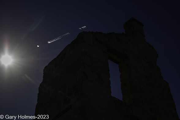 This is a composite photo of some photos I took of the solar eclipse of 14Oct2023. I drove 3 hours to Fort McKavett State Historic Park in western Texas, because it was in the path of totality and had a number of old buildings and ruins that I could use as a foreground. I took a base photo of the ruined fort commander's quarters, then took the sequence of eclipse shots without moving the camera. This is the actual arc of the sun and moon as they danced over the building. 