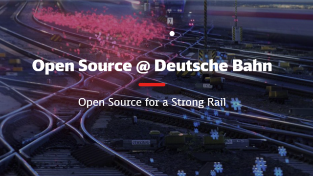 Picture with rails and hashtag symbols in the background. In the foreground, there is the following text: "Open Source @ Deutsche Bahn - Open Source for a Strong Rail"