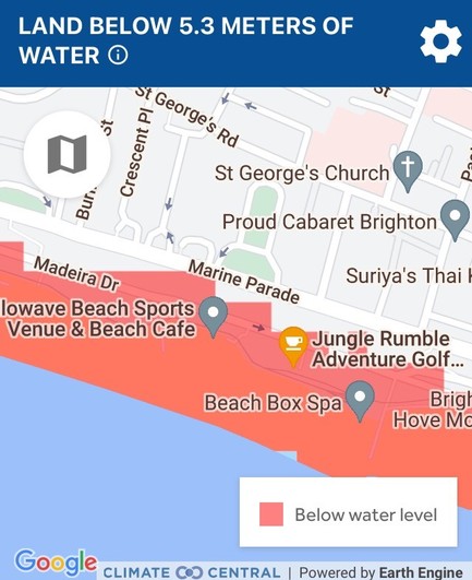 Sea level rise map showing predicted rise inundating Madeira Drive Brighton.