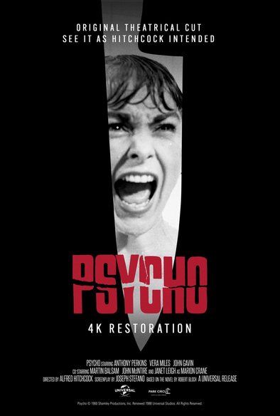 Film poster for the 4K restoration re-release of the movie Psycho, featuring Janet Leigh. 