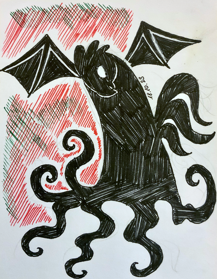 A shadow monster with demon wings, the head of a rooster, butt-feathers of a rooster and tentacles of shadow