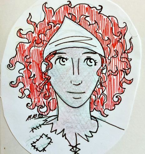 a red haired woman with darker skin, a headband and curly hair.