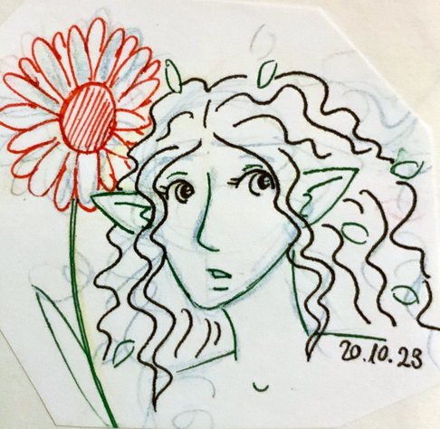 Portrait of a dryad with green skin, curly hair and a red flower in the background