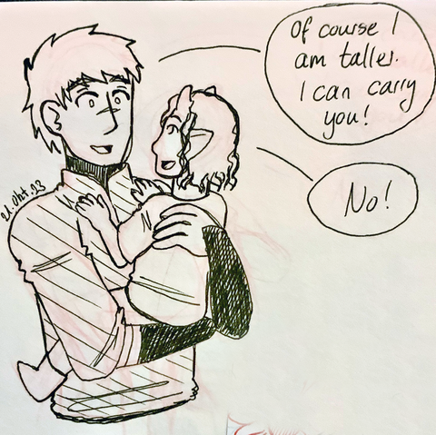 09: Imagine Inkaria and Sam arguing over which of them is taller.

Sam, holding Inkaria who is a child: Of course I am taller. I can carry you. 
Inkaria, who is a Tiefling: No. 
