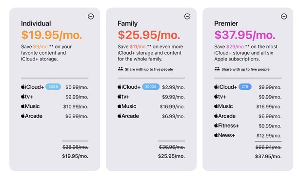 Screenshot of the latest pricing for the Apple One bundles after price increases for services.