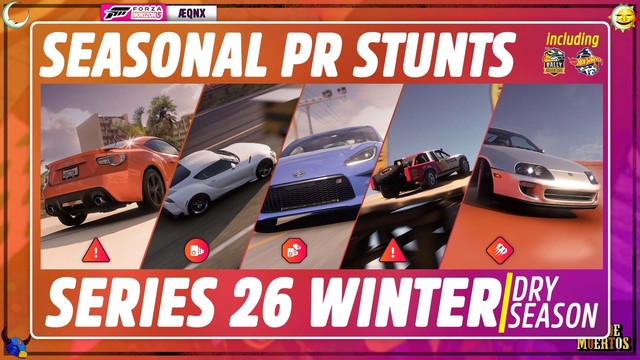 Thumbnail from the video, reading: "Seasonal PR Stunts including Rally Adventure and Hot Wheels, Series 26 Winter / Dry Season".

Five tiles picture different cars, representing the stunts' requirements, with an icon below to indicate which type of stunt each tile is: Danger Sign, Speed Trap, Speed Zone, Danger Sign, Drift Zone.