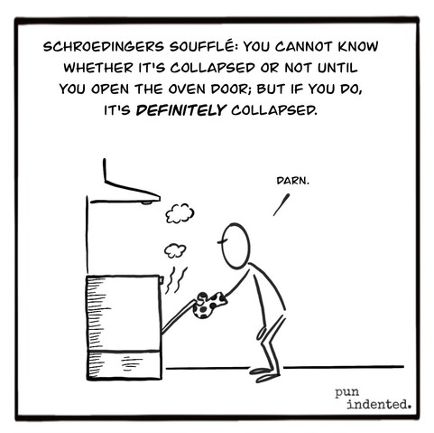 A cartoon drawing of a person opening an oven in order to look at the baking contents. Caption: Schroedinger's souffle: You cannot know whether it's collapsed or not until you open the oven door, but when you do, it's definitely collapsed.