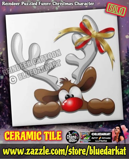 Reindeer Funny Puzzled Peeking Character ©️ BluedarkArt TheChameleonArt ● Ceramic Tiles and many other Products with this design are available for sale in the BluedarkArt Zazzle Store