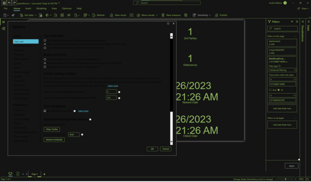 Screen shot: the settings window of the software PowerBi by Microsoft does not comply to system-wide user-chosen settings for high-contrast visual themes.