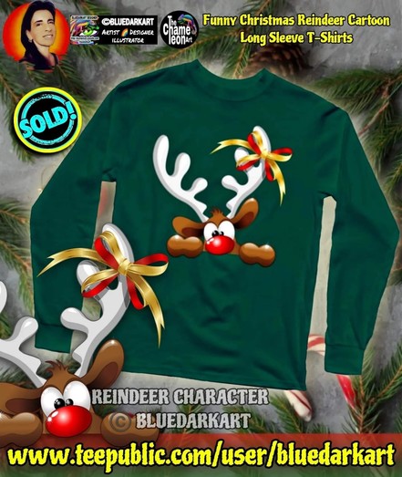 Funny Christmas Reindeer Character, Design Copyright BluedarkArt TheChameleonArt ● T-shirts, and much more Products available for sale in the BluedarkArt Teepublic Shop