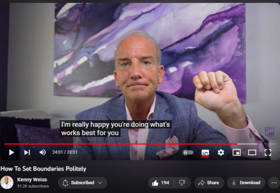 
1,753 views  21 Oct 2023  #kennyweiss #worstdaycycle #kennyweisslifecoach
How To Set Boundaries Politely. In todays video you will discover simple techniques to begin setting boundaries politely. So many people feel guilty saying nor or are afraid that if they set a boundary they will be rejected. With these simple steps you will feel safe setting boundaries politely. 

📚 MY BOOK:
'Your Journey To Success': https://amzn.to/3nfVphr

🎓 LEARN MORE:
Join my free 6-Day Emotional Mastery Crash Course. If you want to learn why and how feelings (not thinking) leads to freedom and self-awareness https://geni.us/emotionalmasterycourse

🌍 My Website: https://www.kennyweiss.net

🕺🏼SCHEDULE A SESSION:
https://calendly.com/kennyweiss/singl...

🎓ONLINE MASTERCLASSES: 
https://thegreatnessu.com/courses

💜 Enroll in Private Group Coaching: 
https://www.tguprivategroup.com/  