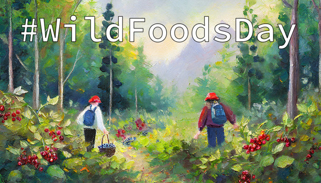 Illustration for the WildFoodsDay hashtag showing two people foraging berries in a forest.