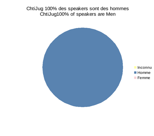 Un graphique camembert qui n'est que d'une couleur bleu car il y a 100% d'hommes speakers au chtijug