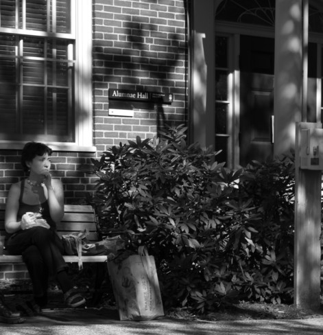 Woman on a bench at lunch.

ƒ 7.1
1/400
EV 0.00
ISO 200
28mm Focal Length
43mm Focal Length in #35mmFilm