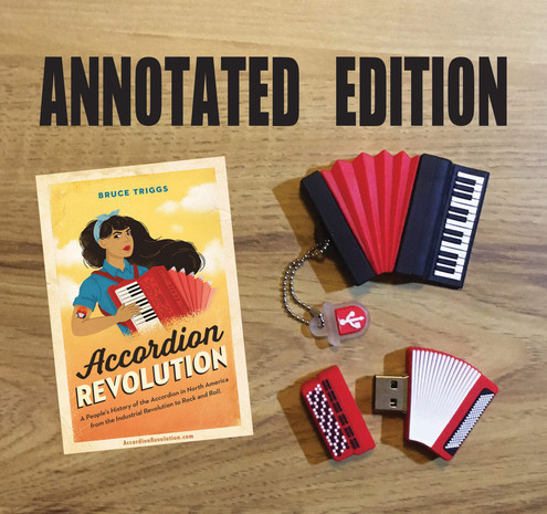 The Annotated Edition of my book Accordion Revolution is available on digital flash drives shaped like little plastic Accordions in both piano and chromatic button versions. Pictured next to a card of the book cover.