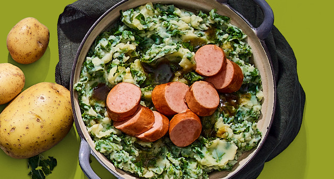 Dutch Kale-Potato Mash aka Boerenkoolstamppot with smoked sausage on top.

Photo: Lidl NL