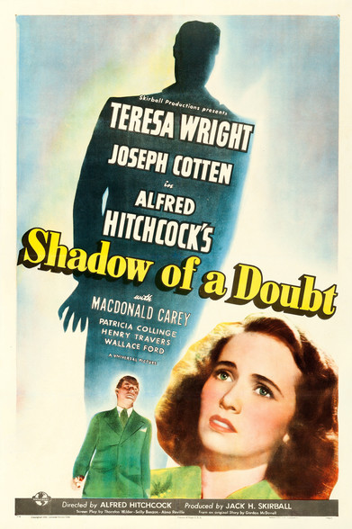Four posters for the 1943 Alfred Hitchcock noir film “Shadow of a Doubt” from The USA, Italy, Sweden and Belgium.