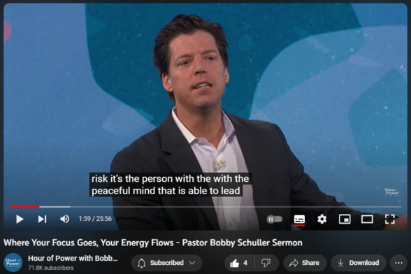 Where Your Focus Goes, Your Energy Flows - Pastor Bobby Schuller Sermon
https://www.youtube.com/watch?v=FkGu8w9xnSA
 28 Oct 2023  ORANGE COUNTY
Pastor Bobby Schuller's sermon today encourages us to invest our energy on God, even if we only have a little bit. When you focus on God or on possibilities, your energy will grow. When you surround yourself with inspiring people, your energy is going to grow! Expand your bandwidth to think about what’s possible in your life, with today’s message, “Where Your Focus Goes, Your Energy Flows.” This sermon is full of Biblical examples and will help you to understand the importance of focusing on God and living a life that is centered on Him.

Full length church service here: https://youtu.be/UufsvtJAhOI

Subscribe - https://bit.ly/3yMUtEr
Support Hour of Power - https://bit.ly/3fqXrI8
Follow on our socials –
Facebook: https://bit.ly/3gXbOUS
Instagram: https://bit.ly/3FFf3ut
