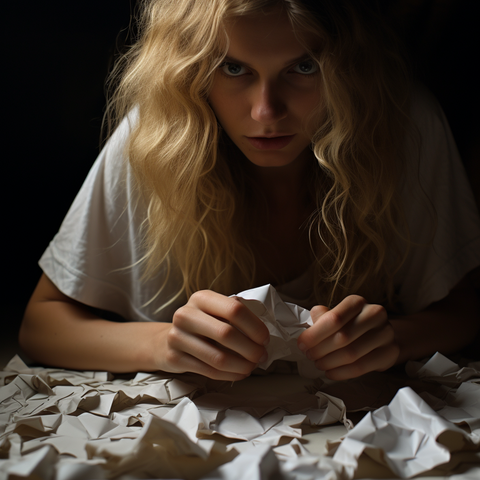 a woman furtively handles crumpled pieces of paper