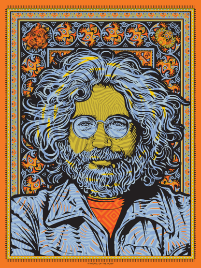 an illustration of Jerry Garcia, done in sort of a woodcut block style, he wears a blue shirt and has blue hair and is looking at the viewer, his glasses are blue, his shirt is bright orange, behind him are psychedelic patterns of bright orange and blue 