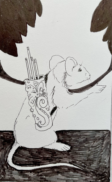 Drawing of a mouse wearing an étui full of sewing needles like a quiver of arrows.