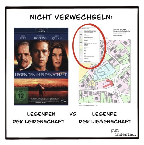 Überschrift: Nicht verwechseln. Ein Filmposter. Daneben das Foto einer Katasterkarte, die Legende ist hervorgehoben. Bildunterschrift: Legenden der Leidenschaft versus Legende der Liegenschaft.