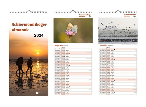 Drie pagina's uit een kalender naast elkaar: de voorpagina met opschrift "Schiermonnikoger almanak 2024" en een foto van drie wadlopers bij zonsopkomst, pagina augustus met een foto van twee vlinders op een roze bloem en de pagina december met een foto van scholeksters op de Waddenzee.