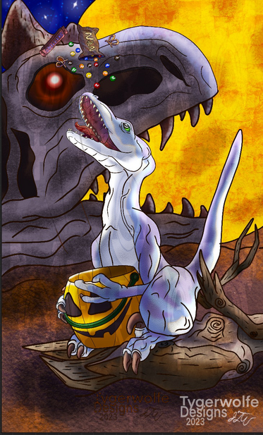 A small raptor dinosaur sits crouched on a log, hugging a Jack-O-Lantern candy bucket. It’s head is tilted back and mouth open to catch the mouthful of candy it just tossed into the air from its’s bucket. In the background a Carnotaurus skull with an ominous ref glow in the empty eye socket sits before a huge full moon.