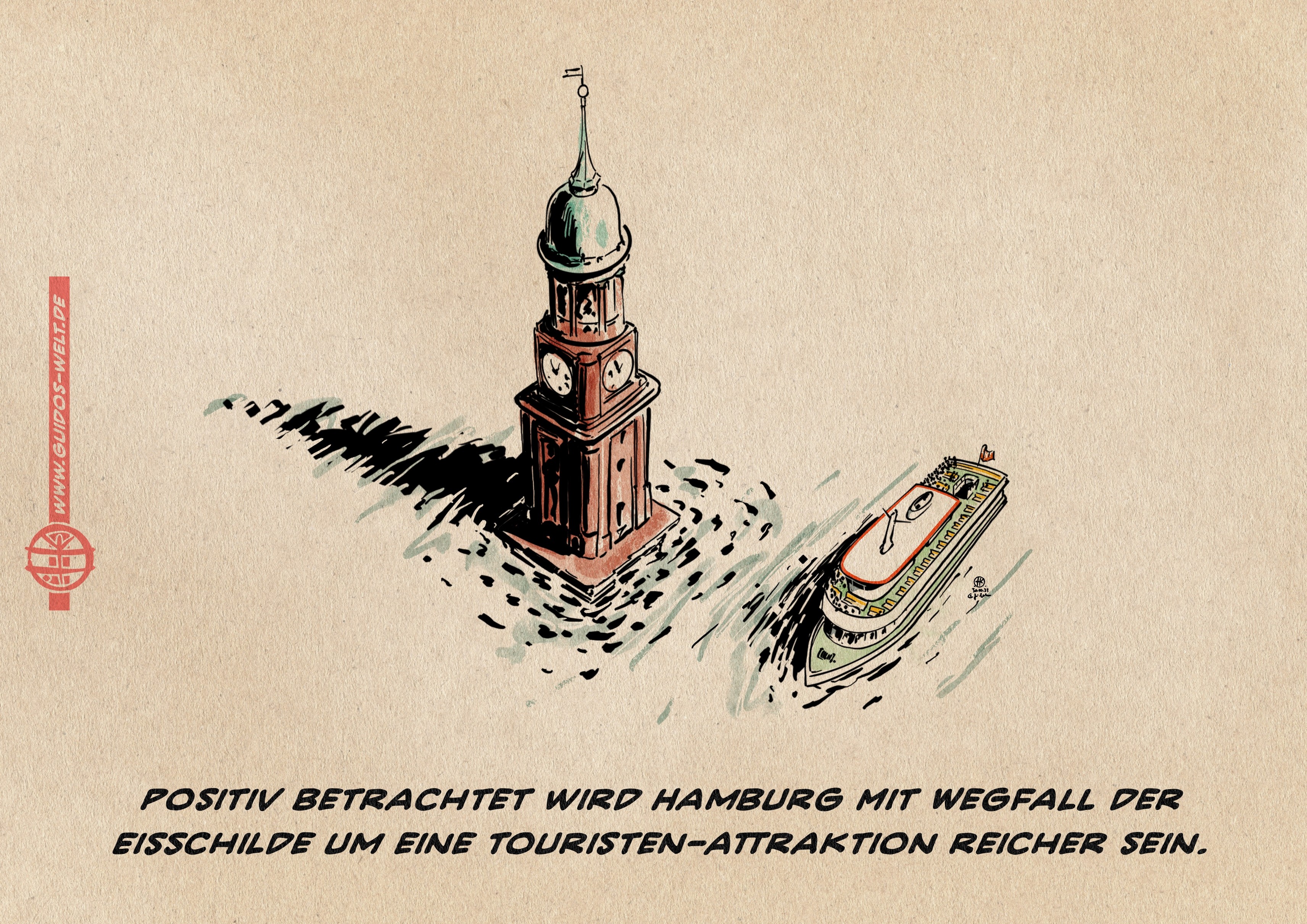 Illustration: Hamburgs Stadtkirche, der Michel, aus der Vogelperspektive. Nur der Turm ragt aus dem Wasser, davor ein Ausflugsschiff mit Menschen.<br>Textzeile: Positiv betrachtet wird Hamburg mit Wegfall der Eisschilde um eine Touristen-Attraktion reicher sein.
