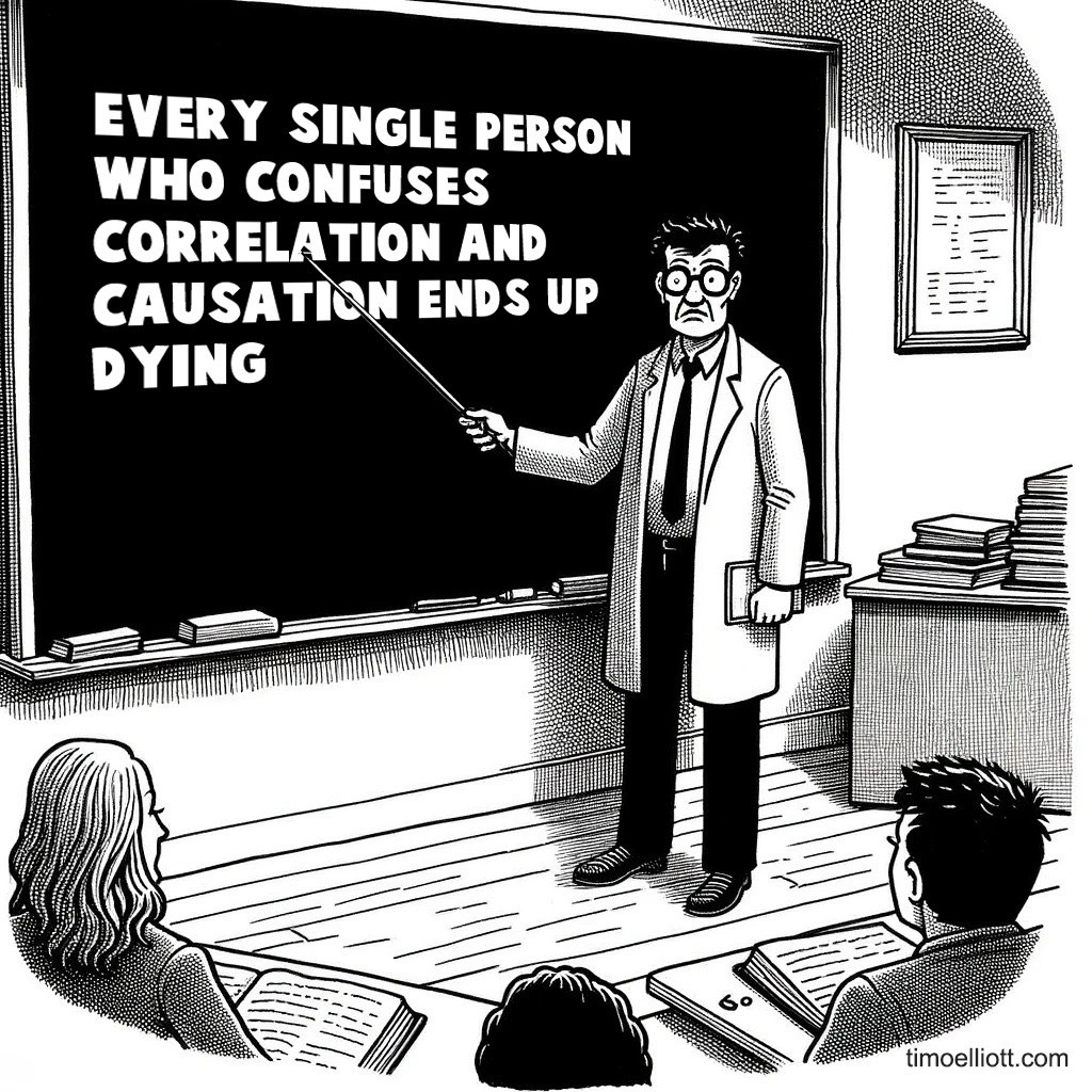 Cartoon of a stats professor pointing at a blackboard naked “people who confused correlation and causation end up dying”
