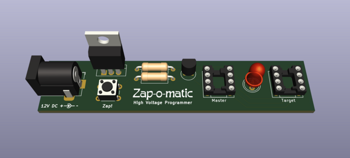 A rendering of a circuit board with a few components saying "Zap-o-matic high voltage programmer"