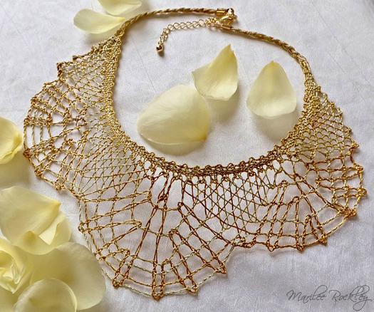 Handmade lace collar necklace in gold color thread.