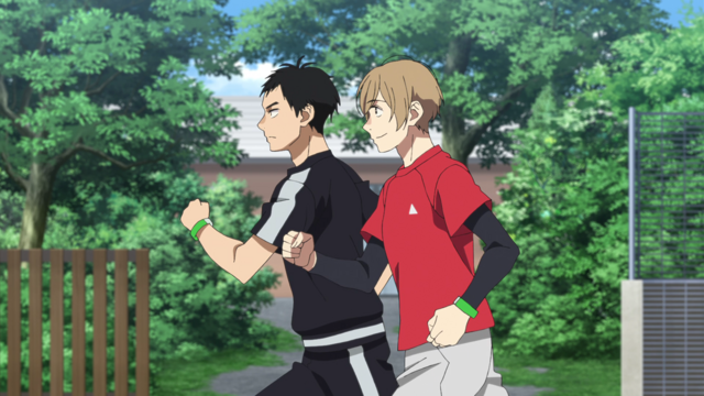Toshiki Tokumaru and Satsuki Harunaga running from the anime series Overtake! Episode 5.
