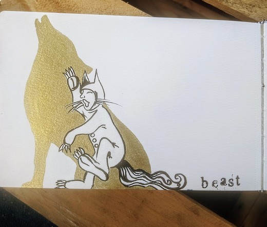 Max from 'where the wild things are' with a golden wolf shadow.