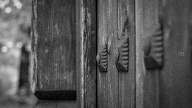 Wooden gate of Russian Orthodox cemetery, closeup showing wooden studs, Potsdam, 27 Oct 2023