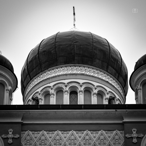 Onion dome and stone tracery with roofline of Russian Orthodox Church, Alexandrowka, Potsdam, 26 Oct 2023