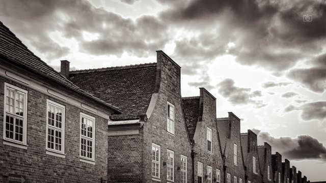 Rooflines of Dutch-style brick townhouses, Mittelstraße, Dutch Quarter, Potsdam, 16 Oct 2023
