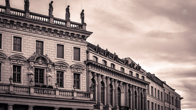 Rooflines of Italianate Baroque buildings just off of Old Market Square, Potsdam, 30 Oct 2023