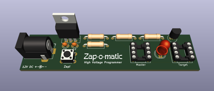 A small PCB with some components, labeled Zap-o-matic high voltage programmer