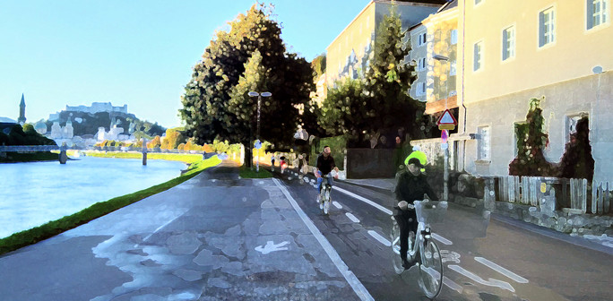 Cyclists in Salzburg with fortress in the back and Salzach river next to cycleway.