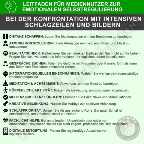 Das Bild zeigt einen Leitfaden für Medienkonsumenten zur emotionalen Selbstregulierung bei der Konfrontation mit intensiven Schlagzeilen und Bildern. Es listet verschiedene Strategien auf, wie "Distanz schaffen", "Atmung kontrollieren", "Realitätscheck" und mehr. Jede Strategie ist mit einem passenden Symbol illustriert.