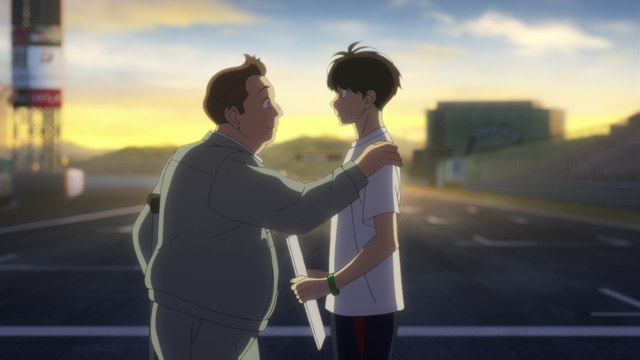 Futoshi Komaki and Haruka Asahina having a touching moment from the anime series Overtake! Episode 5.