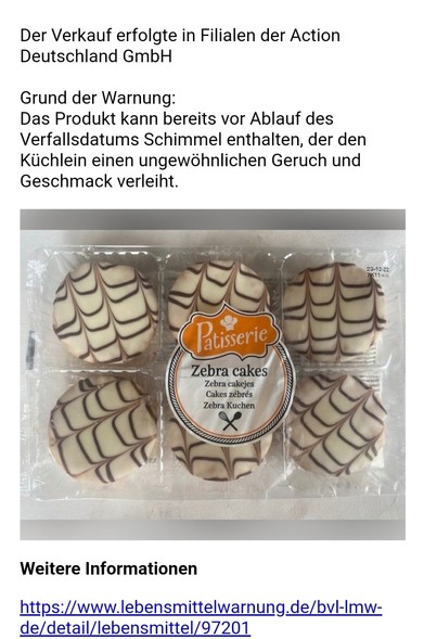 Screenshot mit Foto von Keksen mit weißem und braunem Überzug.
Dazu die Warnung: "Das Produkt kann bereits vor Ablauf des Verfallsdatums Schimmel enthalten, der den Küchlein einen ungewöhnlichen Geruch und Geschmack verleiht."