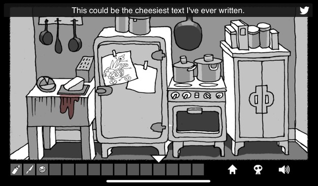 A screenshot from KnifeTank: The Hauntening. It shows a drawing of a kitchen, there is cheese, pots, pans, a fridge, and other kitchen gadgets. On the fridge is a stick figure drawing of a knifetank running over a family. The text at the top of the screen says, "This could be the cheesiest text I've ever written."