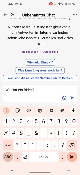 Screenshot 1 mit der Frage an den Chatbot: "Was ist ein Bidet?"