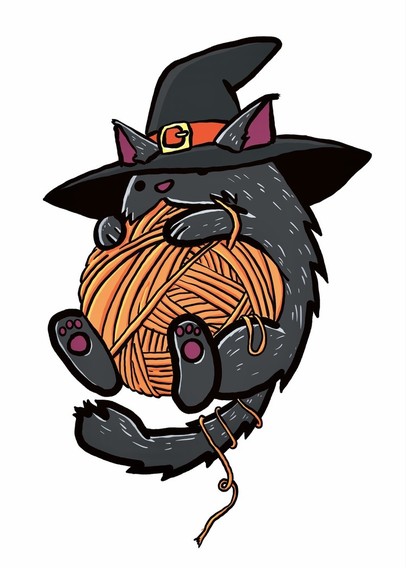 An alternate version of Wapuu, the WordPress mascot. This version shows Wapuu as a black cat holding orange yarn and wearing a witch's hat. 