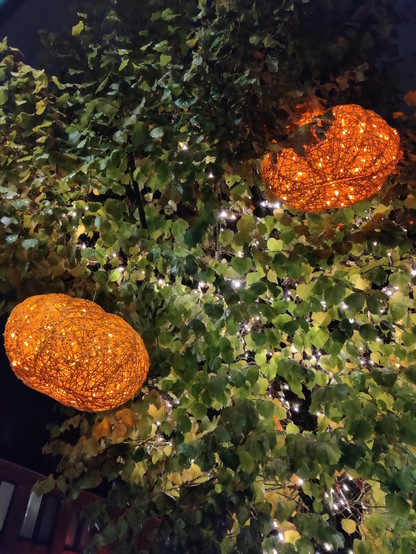 Illuminated Halloween decorations in a tree at nighttime.