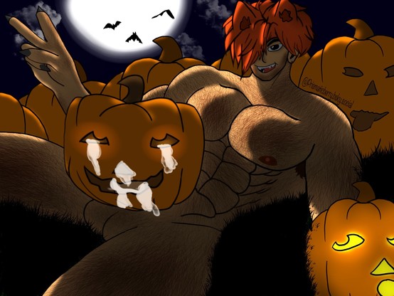 A drawing of a naked hairy werewolf with orange hair in a pumpkin patch at night. His penis is inside a pumpkin that looks like its enjoying it a little too much. The background is dark with a bright moon with a family of bats flying about.