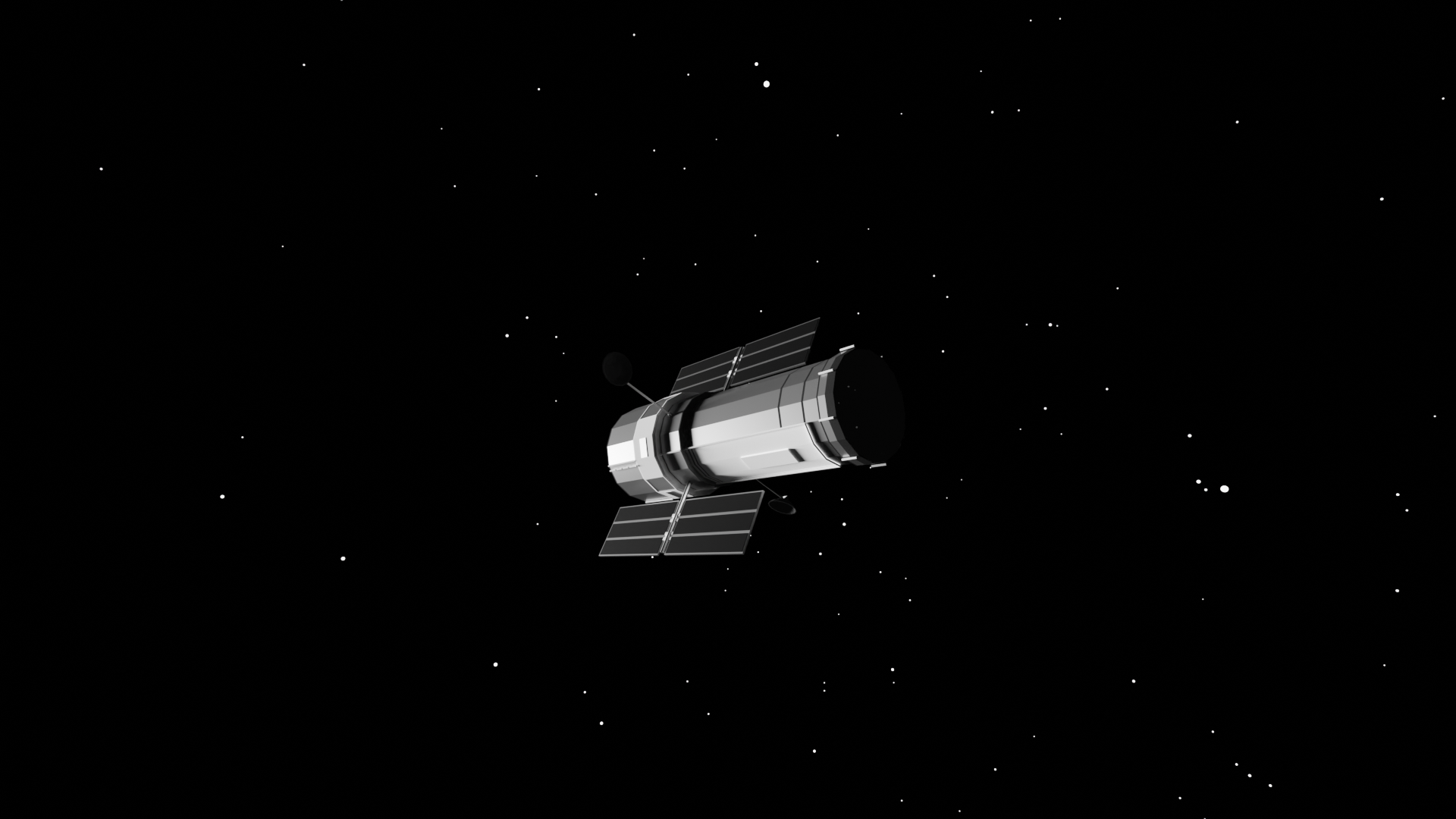 A low poly model of a space telescope surrounded by stars. A small cluster of stars can be seen reflected in its lens